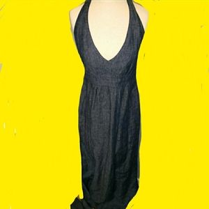5/35 NEW CAbi MAXI HALTER DRESS CHAMBRAY V FRONT